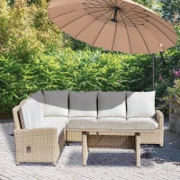 Outsunny 5 PCS Reclining PE Rattan Garden Dining Set Bonzer Patio Furniture w/ Sofa Chairs Glass Table, Olefin Cushions Adjustable Feet Stylish Lounge Conversation(m-2)
