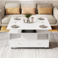 Extendable Lift-Top Coffee Table with Two Lift-Up Tabletops and Castors, Space-Saving Dining Table with four drawers, 100L x 50W x 47.5H cm, White(m-7)