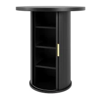 Round Bar Table with Metal Handles and Vertical-Slat Reinforced Body, Integrated Cabinet with Sliding Door, 60L x 60W x 91.5H cm, Black(m-10)