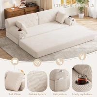 3-Seater Sleeper Sofa with Corduroy High-Back and High-Density Foam, Space-Saving Sofa Bed with 4 Side Pockets, 208L x 80W x 81H cm, Beige(m-5)