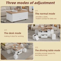 Extendable Lift Top Coffee Table with Hydraulic Lift, Space-Saving Center Table with 4 Hidden-Storage Stools, 100L x 50W x 45H cm, White+Natural(m-5)