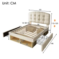 Upholstered Single Bed with Storage Drawers and Compartments, Plush Velvet Bed Frame with Button-Tufted Headboard, 198L x 101W x 120H cm, Beige(m-3)