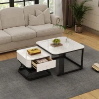 Nesting Coffee Table Set with Open Storage Shelf, Space-Saving Center Table Set with MDF Tops, 70L x 70W x 45H cm, White+Black(m-9)