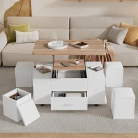 Extendable Lift Top Coffee Table with Hydraulic Lift, Space-Saving Center Table with 4 Hidden-Storage Stools, 100L x 50W x 45H cm, White+Natural(m-7)