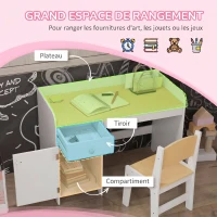 ZONEKIZ Bureau enfant avec chaise, table enfant avec tiroir, placard et large plateau, pour 3 à 6 ans, 80 x 39 x 59 cm, blanc(m-4)
