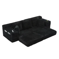 Convertible Sofa Bed with High Backrest and Extra Pillow, Ribbed Corduroy Couch with Dual Side Pockets, 107.5L x 38.5W x 34H cm, Black(m-14)