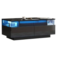 High-Gloss 3-Tier Coffee Table with Removable Tray, Sturdy Center Table with App-Controlled LED Lights, 90L x 45W x 35.5H cm, Black(m-9)