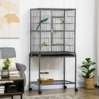 PawHut Jaula para Pájaros con Ruedas Pajarera Metálica con Perchas Comederos y Estante 81x48x162,5 cm Negro y Gris(m-2)