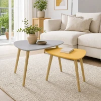 HOMCOM Lote de 2 Mesas de Centro Anidadas de Diseño Escandinavo con Patas de Madera y Tablero de Madera Gris y Amarillo(m-4)