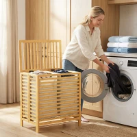 HOMCOM Coș de Rufe din Bambus 64L cu Capac, 2 Saci din Material Oxford Detașabili și Lavabili, Culoare Lemn(m-9)