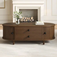 Oval Coffee Table with Sliding Roll-Top Doors, Sturdy Center Table with Two Drawers, 100L X 50W X 36H cm, Walnut(m-7)