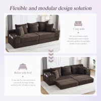 Convertible Sofa Bed with High Backrest and Extra Pillow, Ribbed Corduroy Couch with Dual Side Pockets, 107.5L x 38.5W x 34H cm, Coffee(m-5)