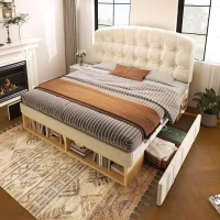 Upholstered Single Bed with Storage Drawers and Compartments, Plush Velvet Bed Frame with Button-Tufted Headboard, 198L x 101W x 120H cm, Beige(m-1)