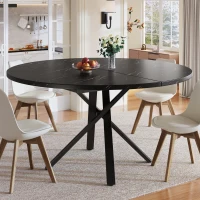 Extendable Dining Table with Marble-Effect Top, Space-Saving Round Table with Sturdy X-Shaped Metal Frame, 100L x 100W x 75.5H cm, Black(m-7)