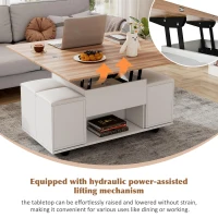 Lift-Top Coffee Table with Hydraulic Lift, Stylish Side Table with 2 Open Shelves, 100L x 50W x 48H cm, Natural+White(m-4)