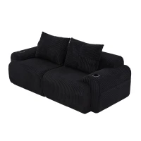 Modular 2-Seater Sofa with Built-In Cup Holder and Side Storage Pocket, Ribbed Corduroy Couch with High-Density Foam, 200L x 99W x 80H cm, Black(m-11)