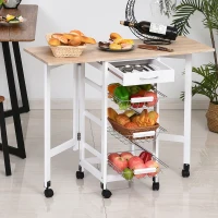 HOMCOM Küchenwagen faltbar Rollwagen Servierwagen Schublade mit 3 Körben 6 Universal-Rollen für Küchen Natur+Weiß 97,2 x 37 x 77,5 cm(m-10)