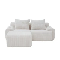 Modular 2-Seater Sofa with Foam-Filled Plush Seats, Beige Corduroy Couch with Built-In Cup Holder, 200L x 174W x 80H cm, Beige(m-2)