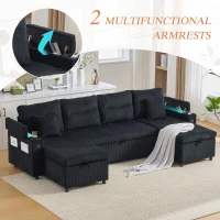 Contemporary 4-Seater Sofa with 2 Chaise Longues, Ribbed Corduroy Couch with Built-In Cup Holders, 272L x 136W x 86H cm, Black(m-6)