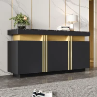 Modern Sideboard with Faux Marble Top and Anti-Tip Fixings, Luxury Storage Unit with Adjustable Shelves, 140L x 38W x 70H cm, Black(m-6)