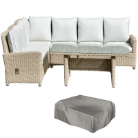 Outsunny 5 PCS Reclining PE Rattan Garden Dining Set Bonzer Patio Furniture w/ Sofa Chairs Glass Table, Olefin Cushions Adjustable Feet Stylish Lounge Conversation(m-10)