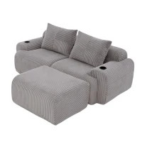 Modular 2-Seater Sofa with Foam-Filled Plush Seats, Light Grey Corduroy Couch with Built-In Cup Holder, 200L x 174W x 80H cm, Light Gray(m-11)