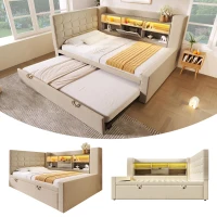 Convertible Daybed Trundle with Clever Storage and Sturdy Frame, Breathable Linen Sofa Bed with Integrated Charging, 204L x 107W x 88H cm, Beige(m-8)