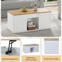 Height-Adjustable Coffee Table with Hydraulic Lift and Divided Shelves, Minimalist Center Table with Rounded Corners, 95L x 46W x 45H cm, White(m-6)