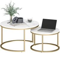 HOMCOM 2er-Set runde Couchtische, stapelbare Beistelltische mit Metallrahmen, Wohnzimmertisch in Marmoroptik, Kaffeetisch, Grau(m-11)