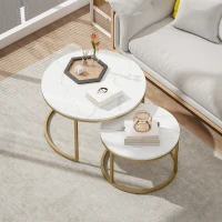 HOMCOM 2er-Set runde Couchtische, stapelbare Beistelltische mit Metallrahmen, Wohnzimmertisch in Marmoroptik, Kaffeetisch, Grau(m-8)