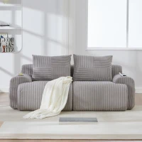 Modular 2-Seater Sofa with Built-In Cup Holder and Side Storage Pocket, Ribbed Corduroy Couch with High-Density Foam, 200L x 99W x 80H cm, Light Gray(m-9)