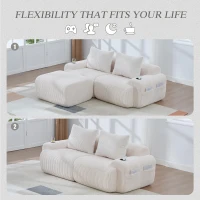 Modular 2-Seater Sofa with Foam-Filled Plush Seats, Beige Corduroy Couch with Built-In Cup Holder, 200L x 174W x 80H cm, Beige(m-4)