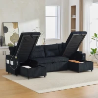 Contemporary 4-Seater Sofa with 2 Chaise Longues, Ribbed Corduroy Couch with Built-In Cup Holders, 272L x 136W x 86H cm, Black(m-10)