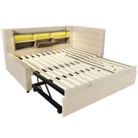 Convertible Daybed Trundle with Clever Storage and Sturdy Frame, Breathable Linen Sofa Bed with Integrated Charging, 204L x 107W x 88H cm, Beige(m-12)