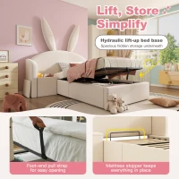 Bunny Ears Children's Single Bed with Hydraulic Lift Storage, Plush Velvet Bed Frame with Wooden Slatted Base, 206L x 149W x 143H cm, Beige(m-7)
