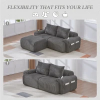 Modular 2-Seater Sofa with Foam-Filled Plush Seats, Dark Grey Corduroy Couch with Built-In Cup Holder, 200L x 174W x 80H cm, Dark Gray(m-5)