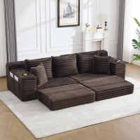 Convertible Sofa Bed with High Backrest and Extra Pillow, Ribbed Corduroy Couch with Dual Side Pockets, 107.5L x 38.5W x 34H cm, Coffee(m-1)
