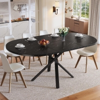 Extendable Dining Table with Marble-Effect Top, Space-Saving Round Table with Sturdy X-Shaped Metal Frame, 100L x 100W x 75.5H cm, Black