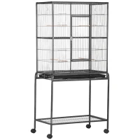 PawHut Jaula para Pájaros con Ruedas Pajarera Metálica con Perchas Comederos y Estante 81x48x162,5 cm Negro y Gris(m-1)