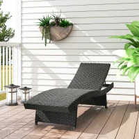 Outsunny Outdoor PE Rattan Sun Lounger, Folding Wicker Garden Lounger Recliner with 4-Level Adjustable Backrest, Rolling Sunbed Lounge Chair with Wheels, Non-Slip Legs for Balcony, Beach, Black(m-10)