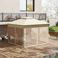 Outsunny Pavillon 3,3x3,3m Wasserabweisend Pop-up Faltpavillon mit LED, Doppeldach, Moskitonetz 4 Seitenteilen Tasche(m-8)