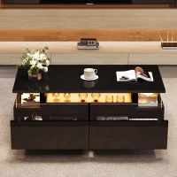 High-Gloss 3-Tier Coffee Table with Removable Tray, Sturdy Center Table with App-Controlled LED Lights, 90L x 45W x 35.5H cm, Black(m-7)