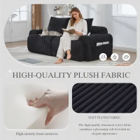 Modular 2-Seater Sofa with Built-In Cup Holder and Side Storage Pocket, Ribbed Corduroy Couch with High-Density Foam, 200L x 99W x 80H cm, Black(m-7)