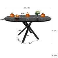 Extendable Dining Table with Marble-Effect Top, Space-Saving Round Table with Sturdy X-Shaped Metal Frame, 100L x 100W x 75.5H cm, Black(m-3)