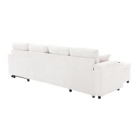 Contemporary 4-Seater Sofa with 2 Chaise Longues, Ribbed Corduroy Couch with Built-In Cup Holders, 272L x 136W x 86H cm, Beige(m-13)