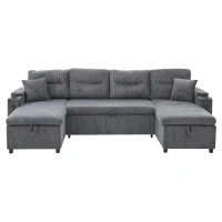 Contemporary 4-Seater Sofa with 2 Chaise Longues, Ribbed Corduroy Couch with Built-In Cup Holders, 272L x 136W x 86H cm, Charcoal grey(m-2)