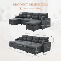 Contemporary 4-Seater Sofa with 2 Chaise Longues, Ribbed Corduroy Couch with Built-In Cup Holders, 272L x 136W x 86H cm, Charcoal grey(m-3)