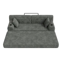3-Seater Sleeper Sofa with Corduroy High-Back and High-Density Foam, Space-Saving Sofa Bed with 4 Side Pockets, 208L x 80W x 81H cm, Dark Gray(m-11)