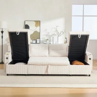 Contemporary 4-Seater Sofa with 2 Chaise Longues, Ribbed Corduroy Couch with Built-In Cup Holders, 272L x 136W x 86H cm, Beige(m-10)