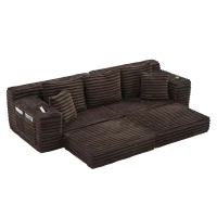Convertible Sofa Bed with High Backrest and Extra Pillow, Ribbed Corduroy Couch with Dual Side Pockets, 107.5L x 38.5W x 34H cm, Coffee(m-14)